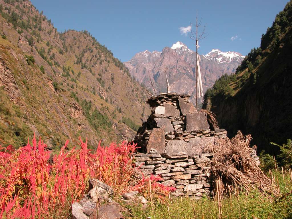 Manaslu 05 04 Chorten, Buckwheat, Lapuchun and Dwijen Himal From Deng I arrived at the tiny picturesque village of Deng (1800m) at 9:15. I strolled down off the path to see a chorten of stones with red buckwheat in the foreground and Lapuchun (5960 m) and Dwijen Himal (5521m) ion the distance.